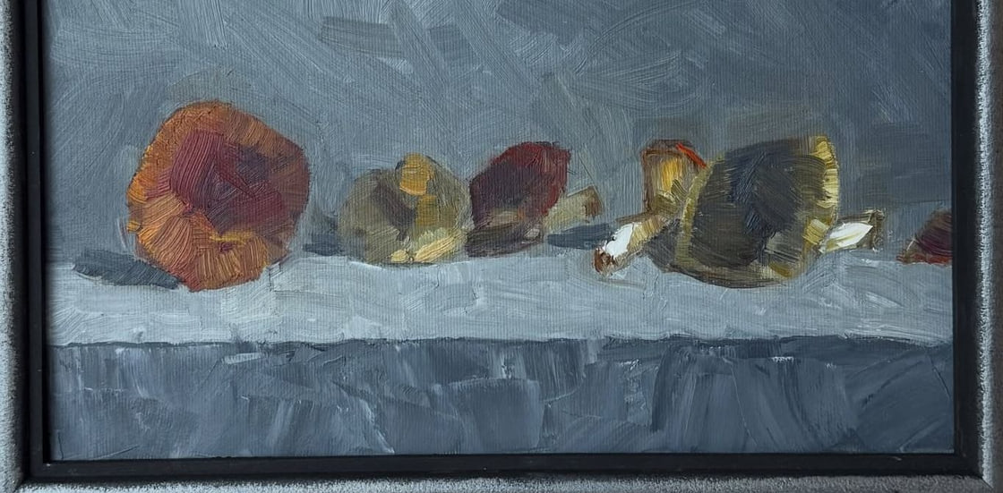 Poppies and Pears, 2023. Oil on canvas, framed.